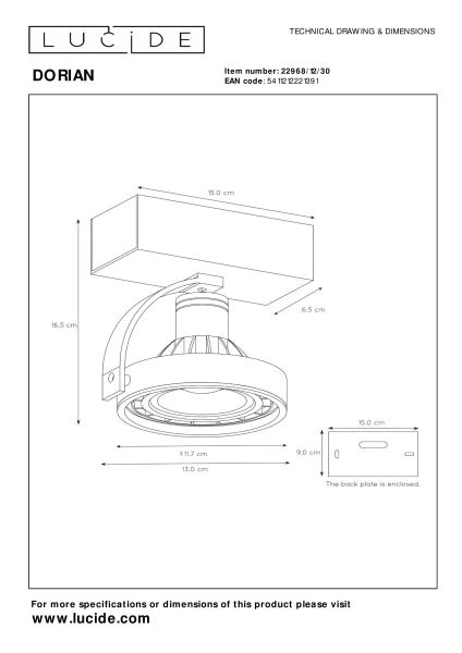 Lucide DORIAN - Plafondspot - Ø 11,7 cm - LED Dim to warm - GU10 (ES111) - 1x12W 2200K/3000K - Zwart - technisch